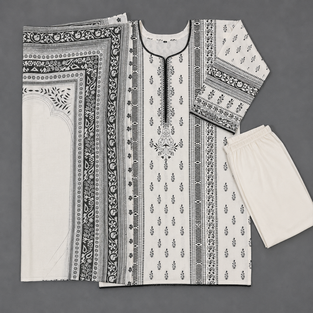 Ready Made White Digital Print Three Piece